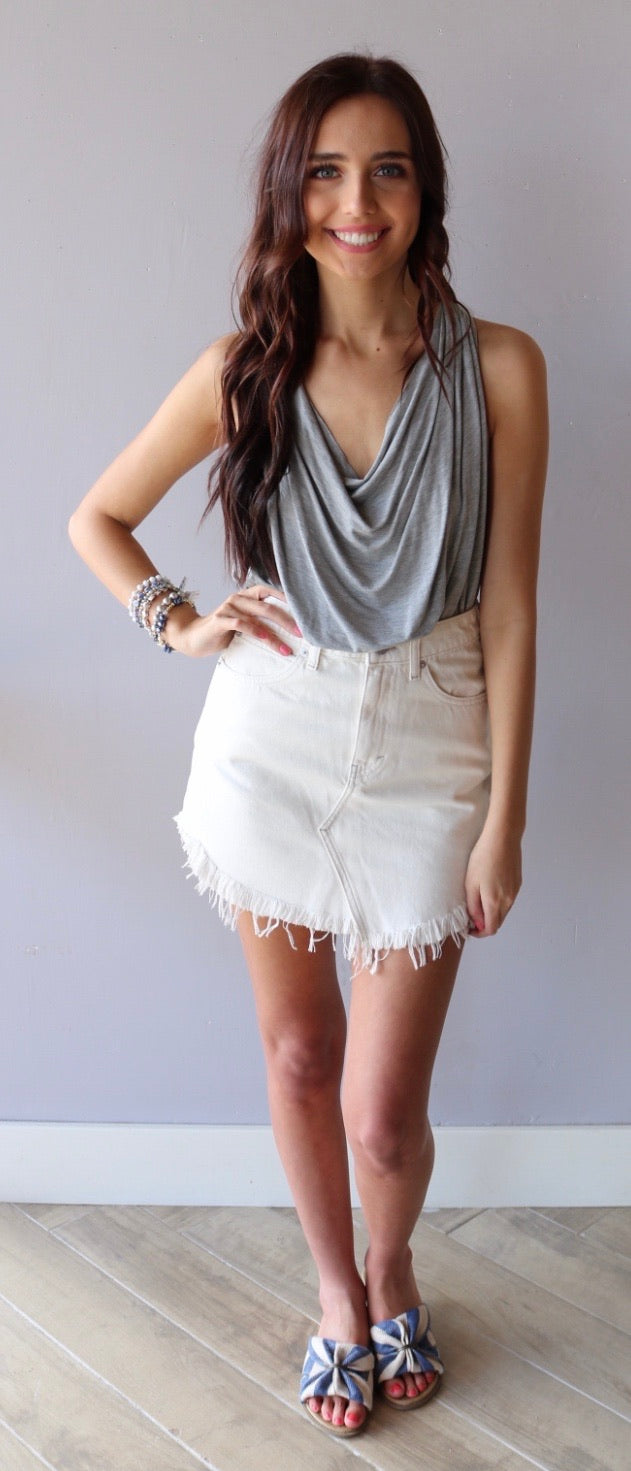 FREE PEOPLE! HiWaist BAILEY Raw FringeHem Denim Skirt