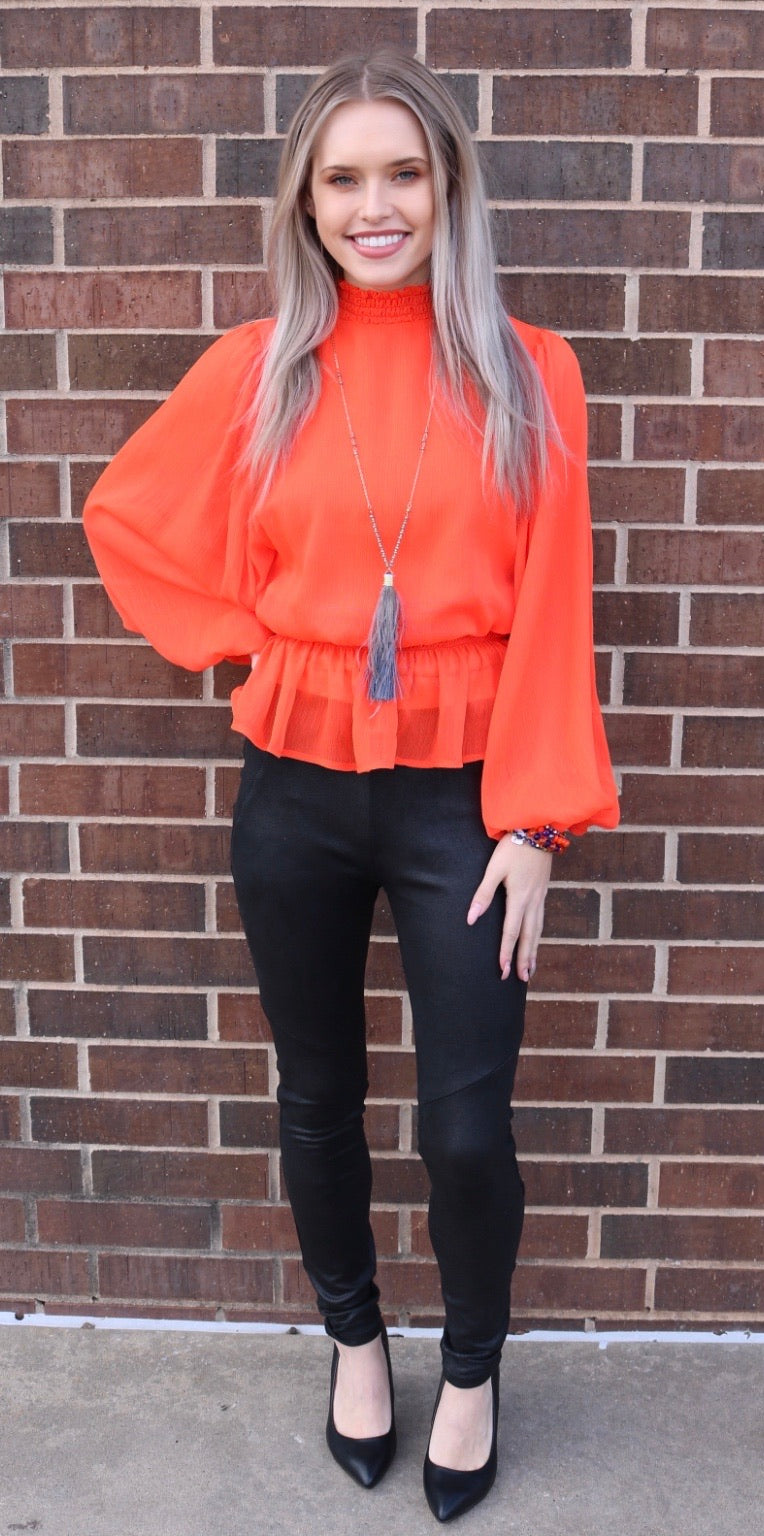 Flying tomato DEDICATED SmockedNeck/Waist PuffSleeve Chiffon Top