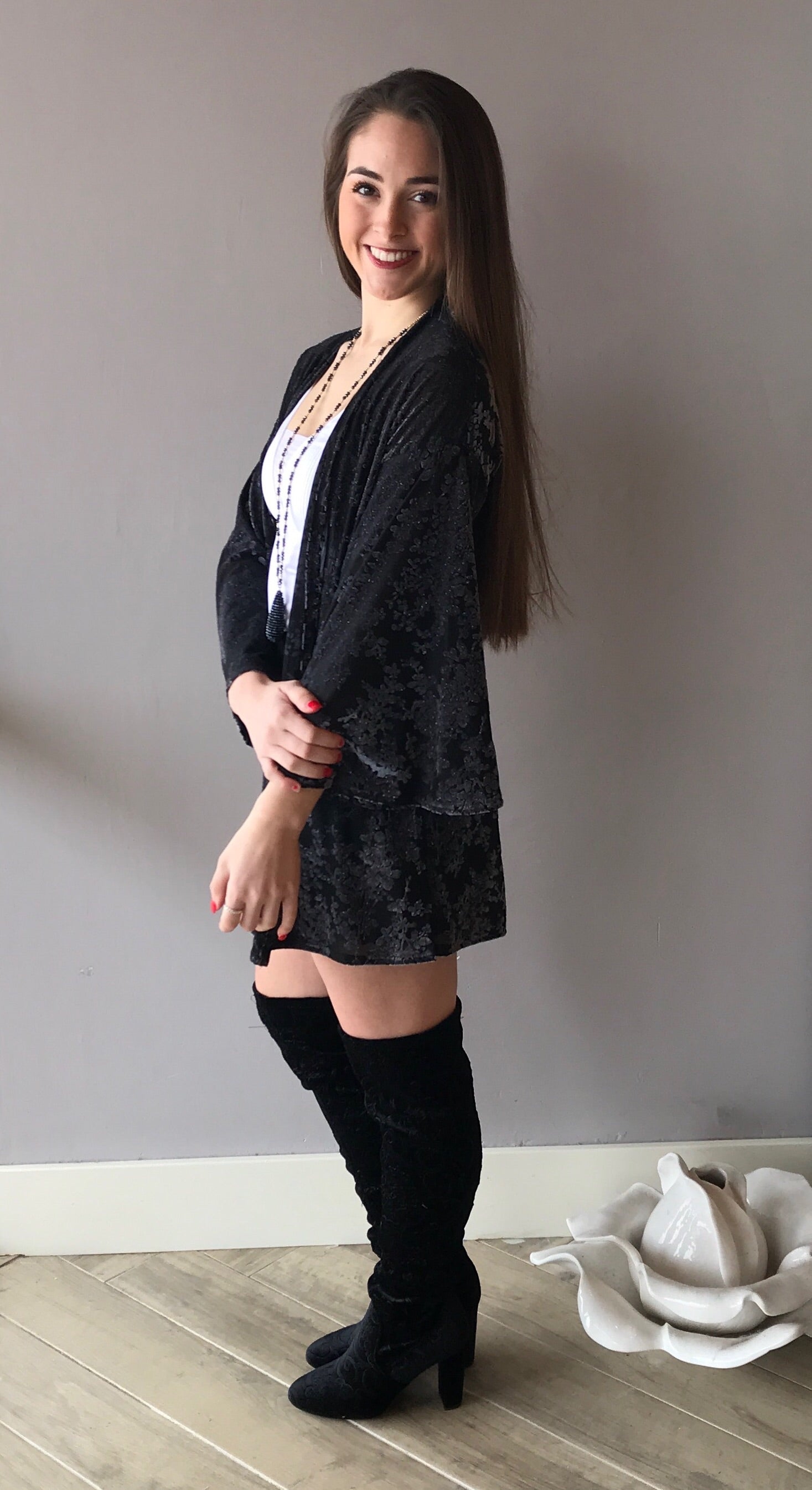 SOIRÉE Velvet Burnout Damask Sparkle Kimono Cardigan Top
