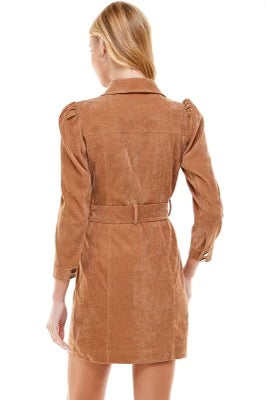 CLARITY Corduroy PuffSleeve TieWaist Dress