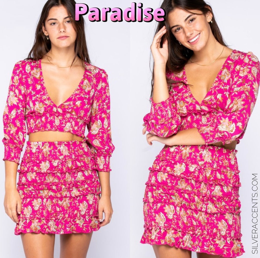 PARADISE 2pc Floral Crop Top/Ruffle Smock Skirt Set