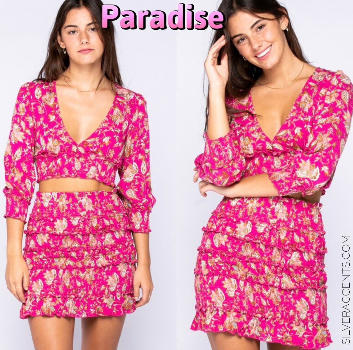 PARADISE 2pc Floral Crop Top/Ruffle Smock Skirt Set