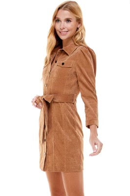CLARITY Corduroy PuffSleeve TieWaist Dress