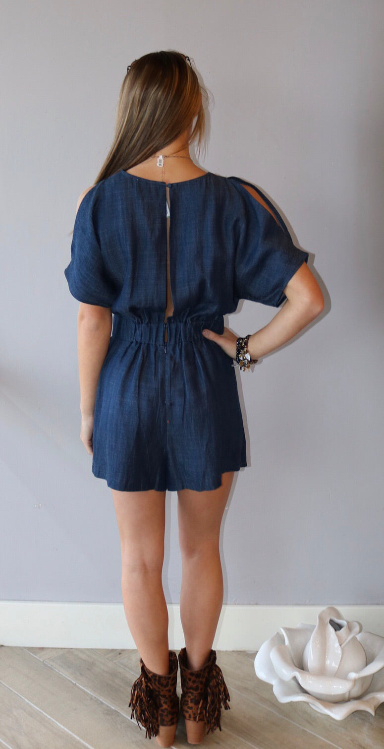TCEC Denim FORESIGHT Slit Sleeve Faux Wrap Short Romper