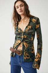 FREE PEOPLE Floral LUCKY Rouche ButtonDown Shirtee Top