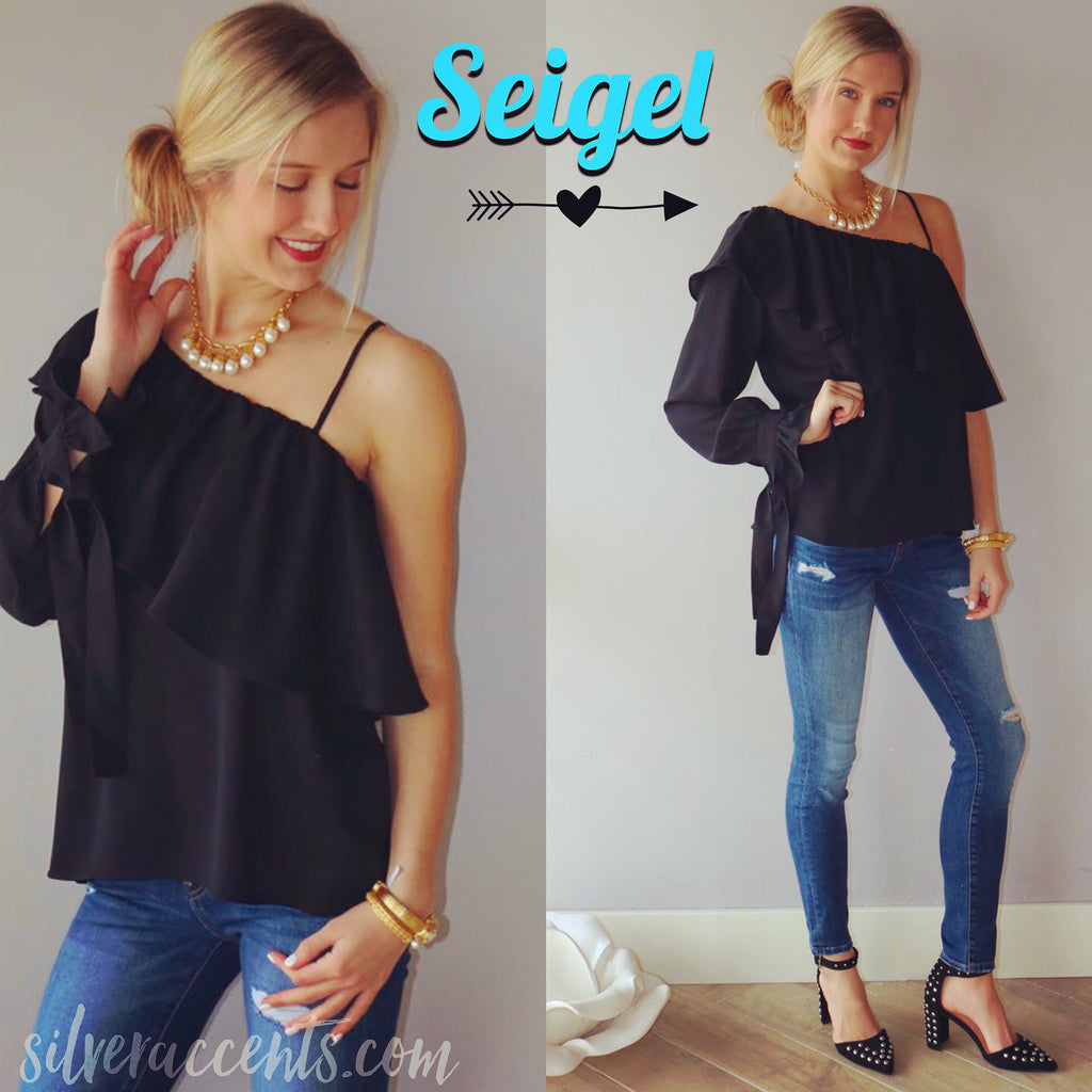 SEIGEL Ruffled OneShoulder TieSleeve MatteSatin Top