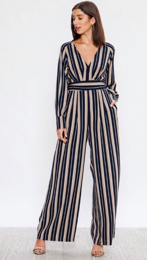 Flying Tomato DECISIVE Stripe V-Neck LongSleeve Jumpsuit Pant Romper