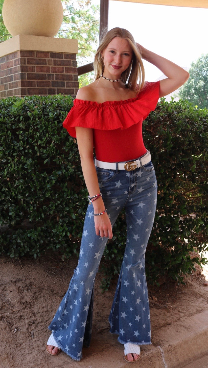 SHOWDOWN Star Print SuperFlare RawHem Jean