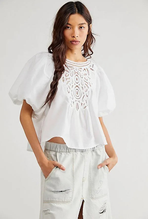 FREE PEOPLE Crochet Front BARDOT PuffSleeve Woven Top