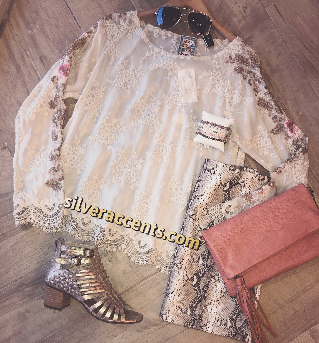 JOHNNY WAS COLLECTION Tonal Embroidered PAULINA Floral Sleeve LaceTrim Top