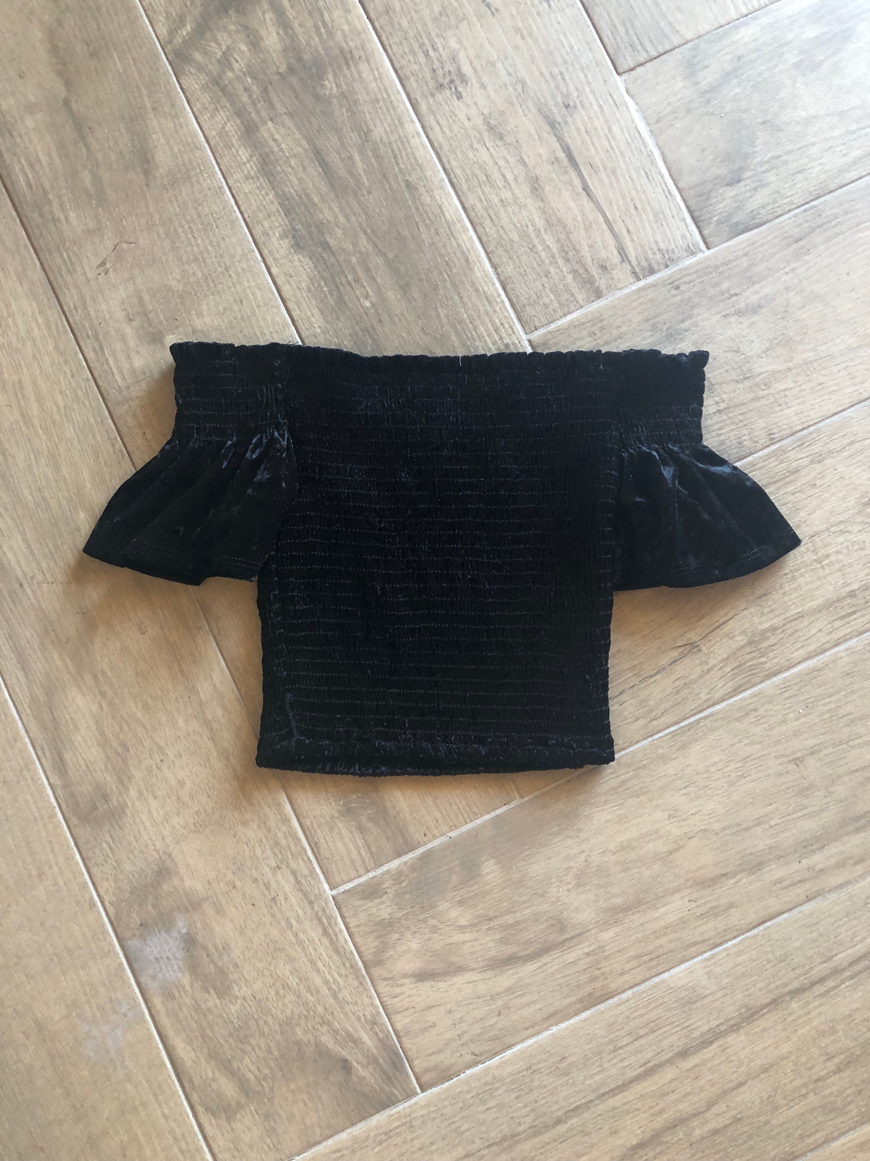 PLUSH Crushed Velvet Off Shoulder Smock WaistCrop Top