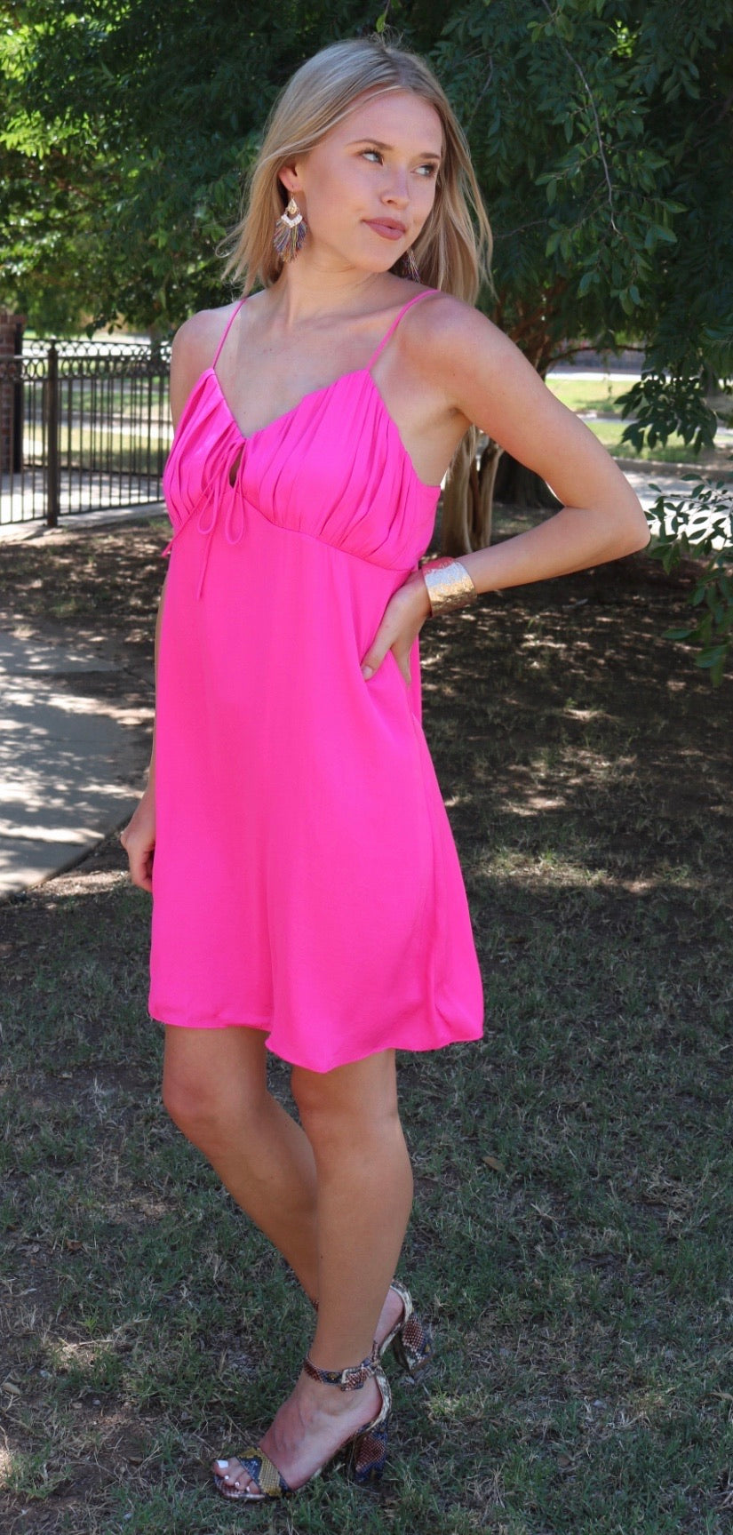 CHECK IN Pleated Bust Satin Cami Dress