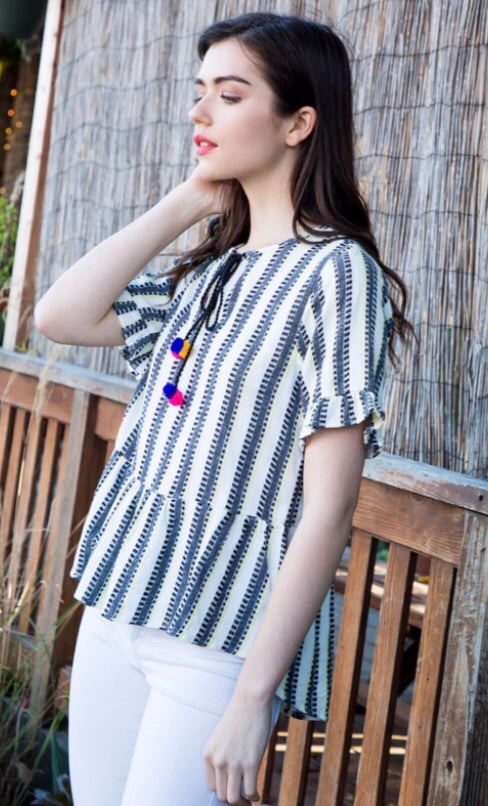 UNDIVIDED Stripe RuffleHem/Short Sleeve Pom TieNeck Top