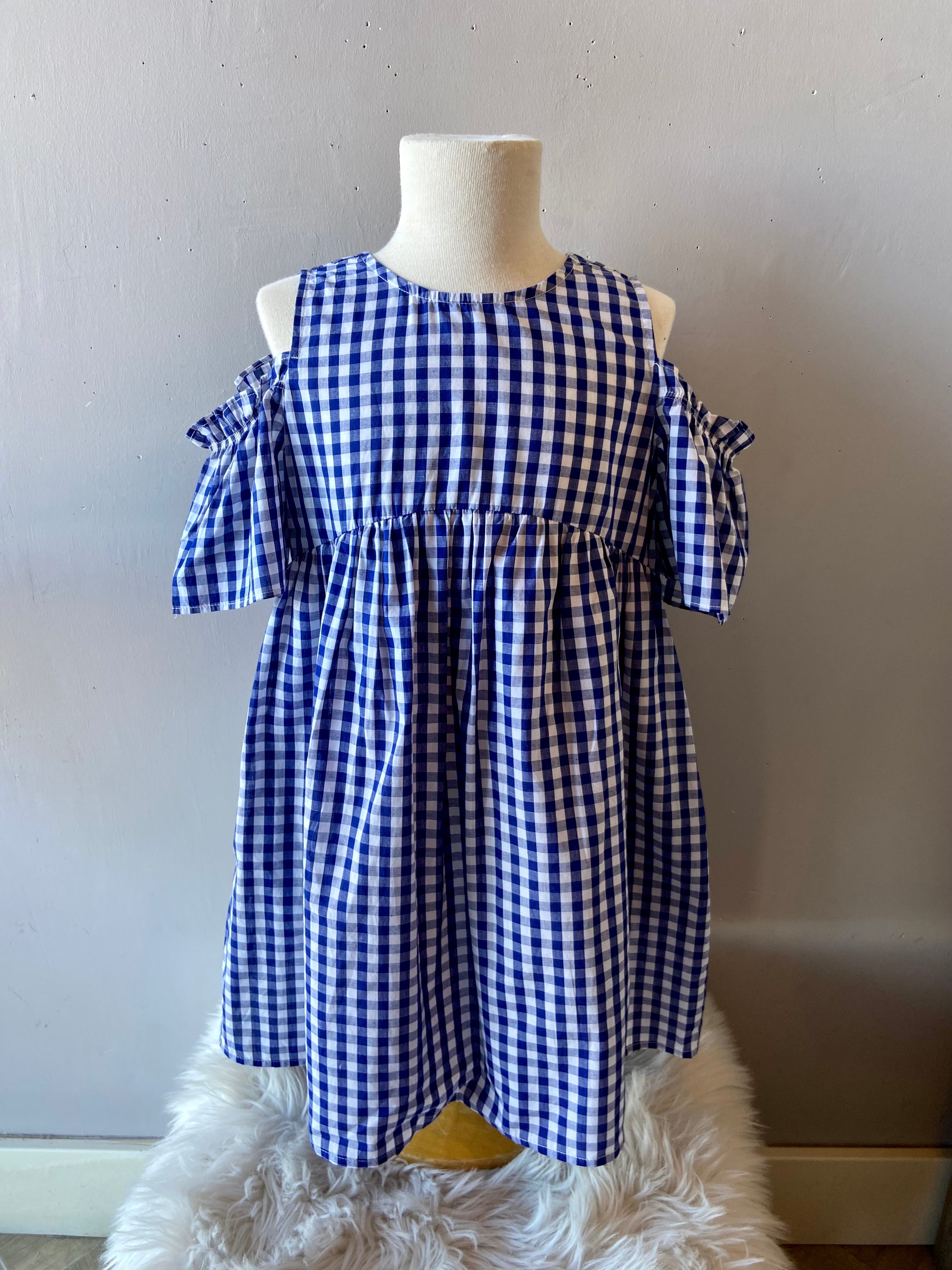 AARON AND AMBER Blue EXCURSION Gingham ColdShoulder Dress