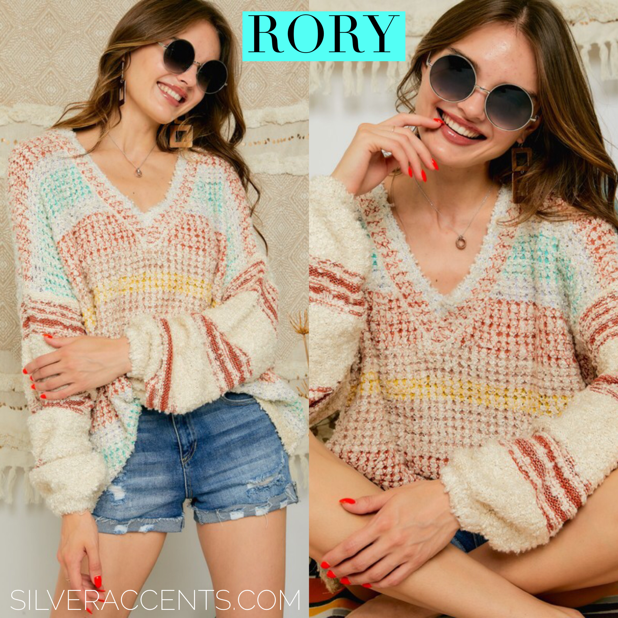 Adora RORY ColorBlock PuffSleeve V-Neck Sweater Top
