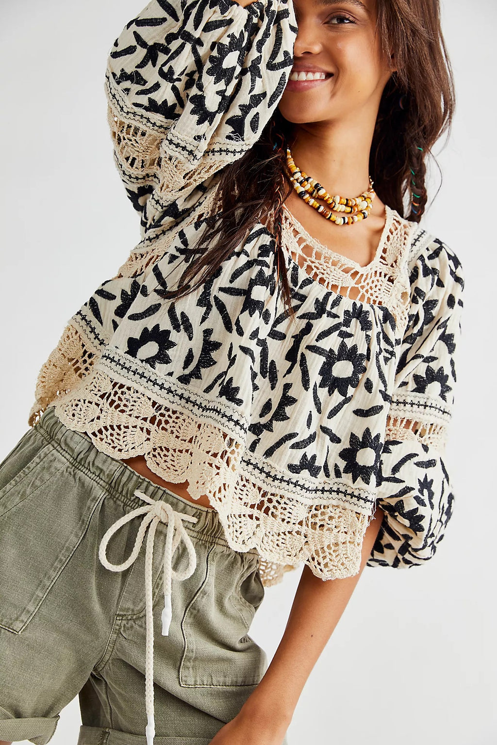 FREE PEOPLE Embroidered SOLEIL SquareNeck BalloonSleeve Top