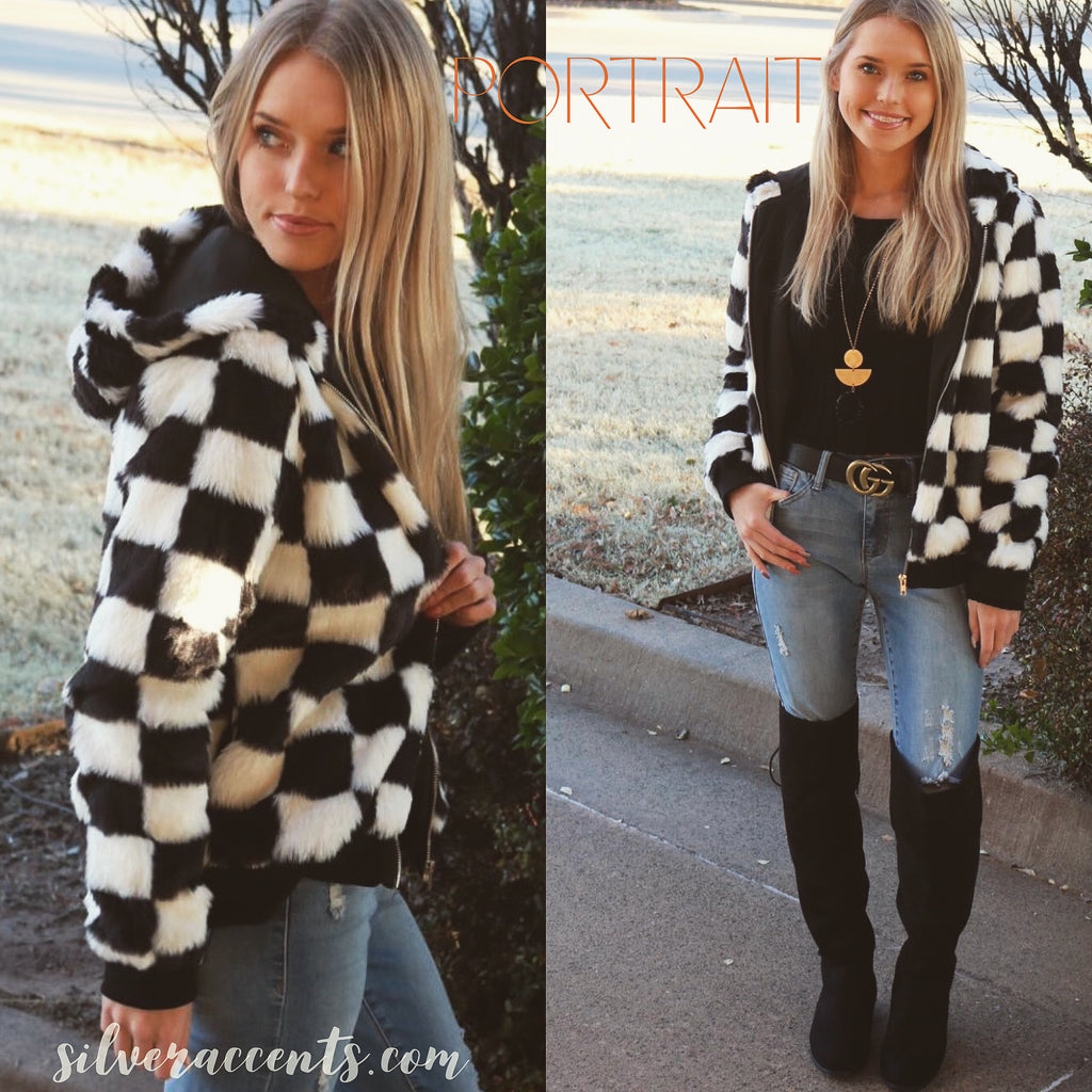 PORTRAIT Checkered Fur Hoodie Jacket