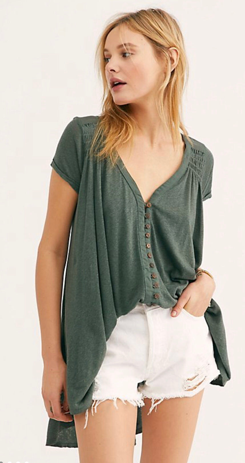 FREE PEOPLE Army HIGHLAND ButtonFront Smocked HiLo Tee Top