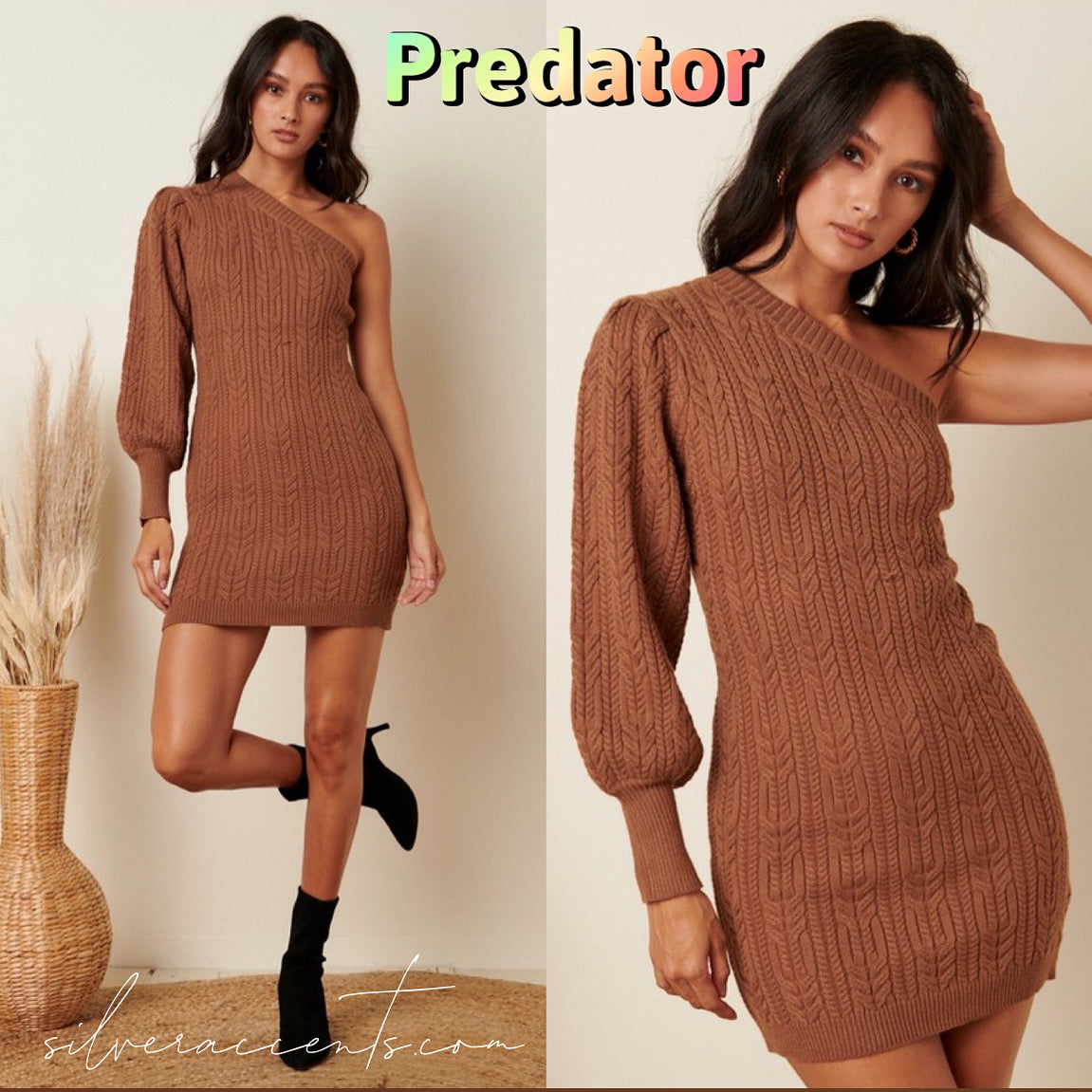 *PREDATOR OneShoulder Bisop! Sleeve CableKnit Sweater Dress