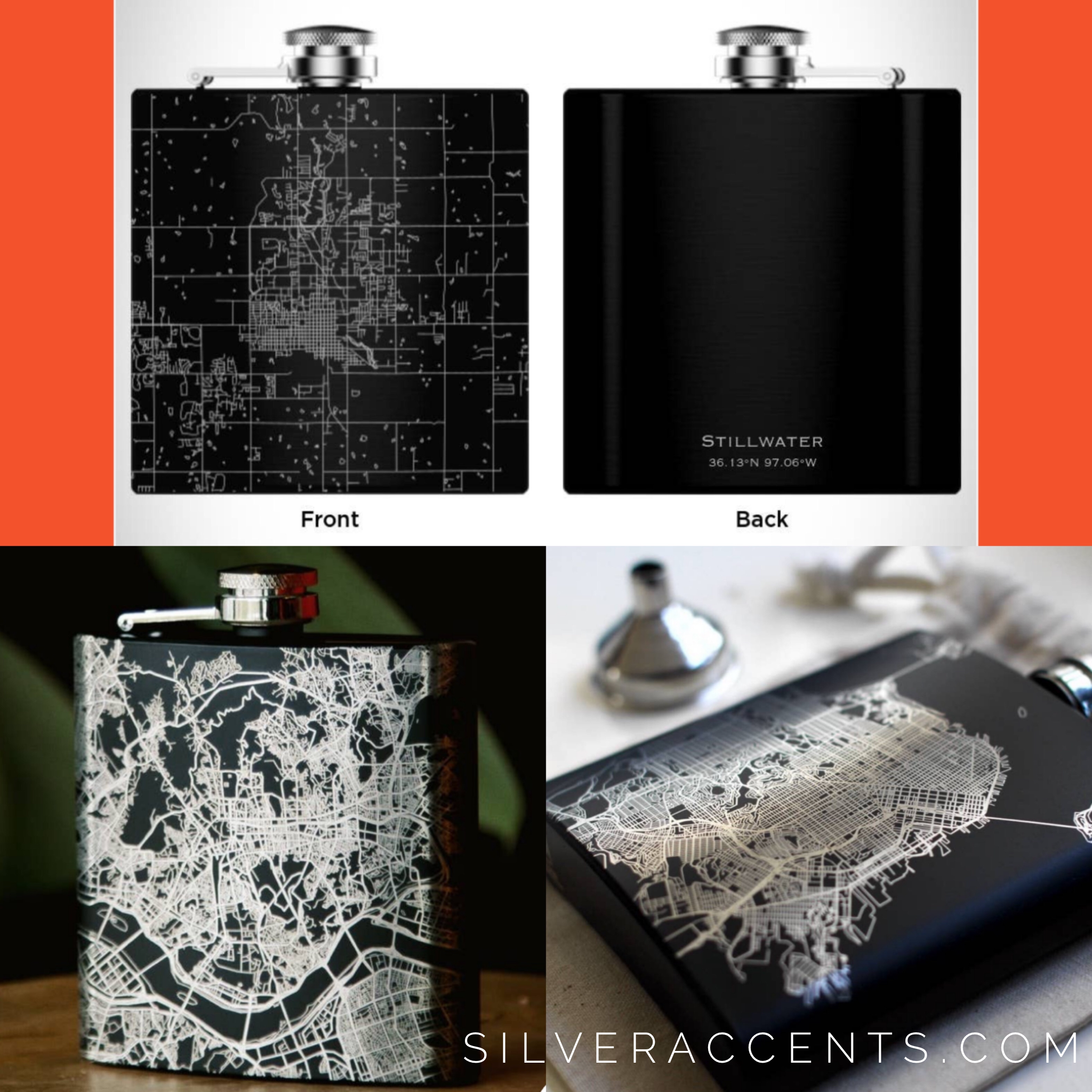 DIRECTIONS Engraved Map Hip Flask w/Funnel