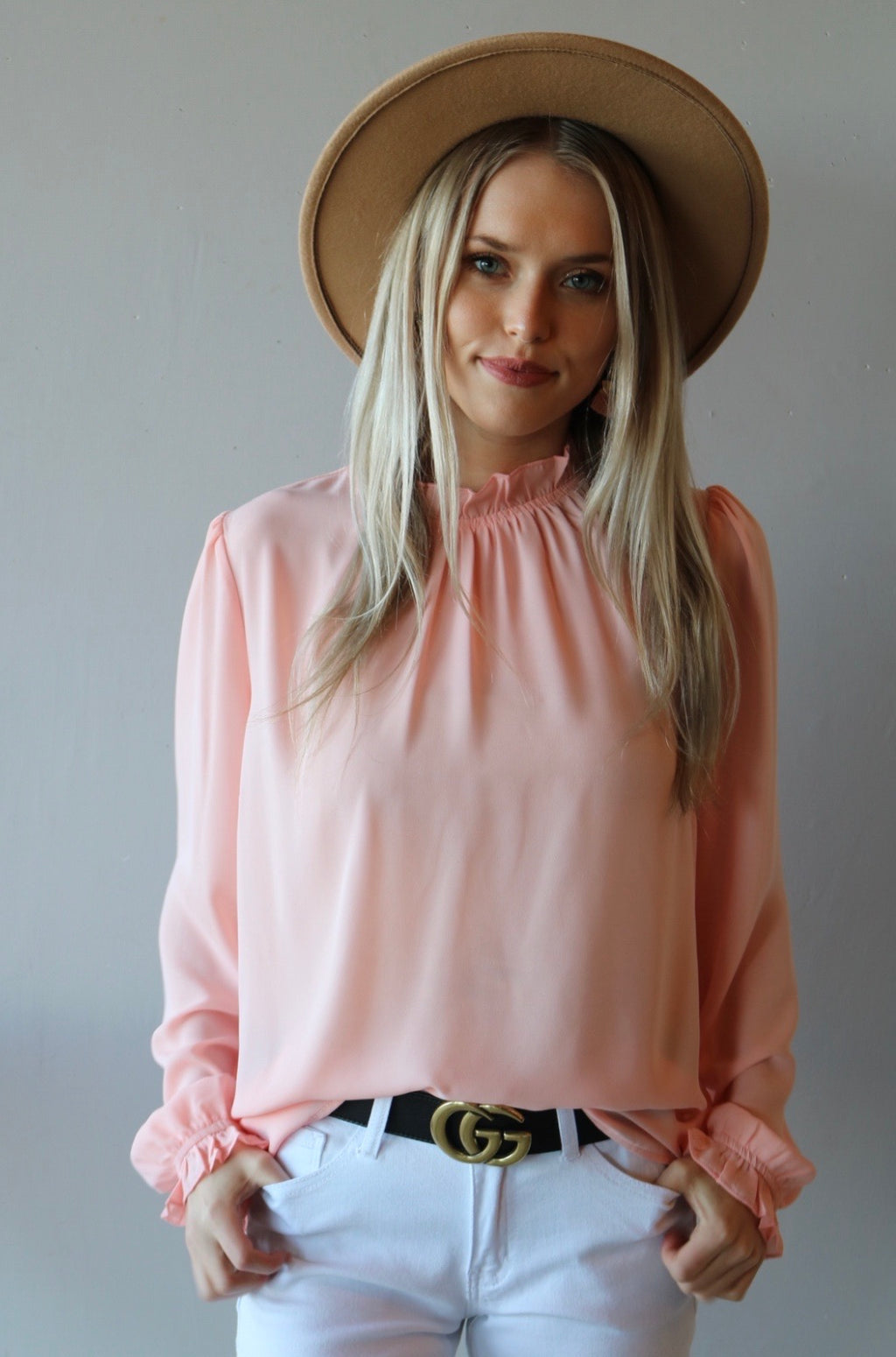 Main Strip PERSPECTIVE Ruffle HiNeck/Sleeve Chiffon Top