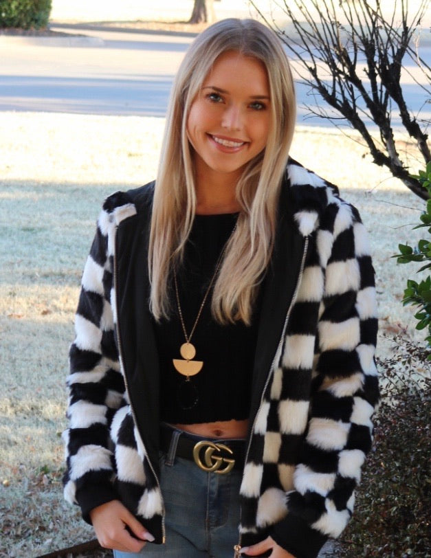 PORTRAIT Checkered Fur Hoodie Jacket