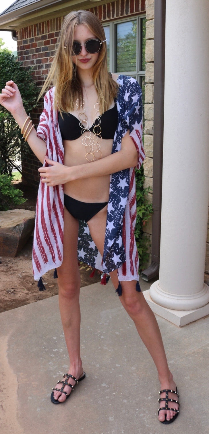 USA FLAG Tassel CoverUp Kimono Top