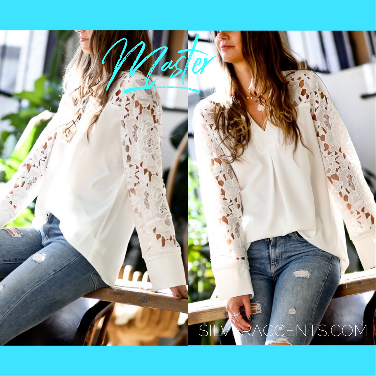 MASTER LaceSleeve V-Neck Blouse Top