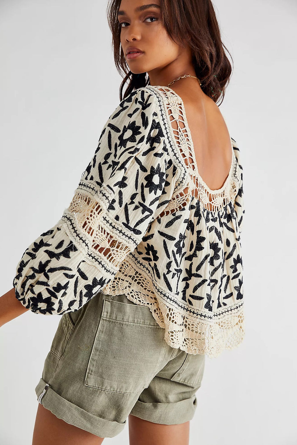 FREE PEOPLE Embroidered SOLEIL SquareNeck BalloonSleeve Top