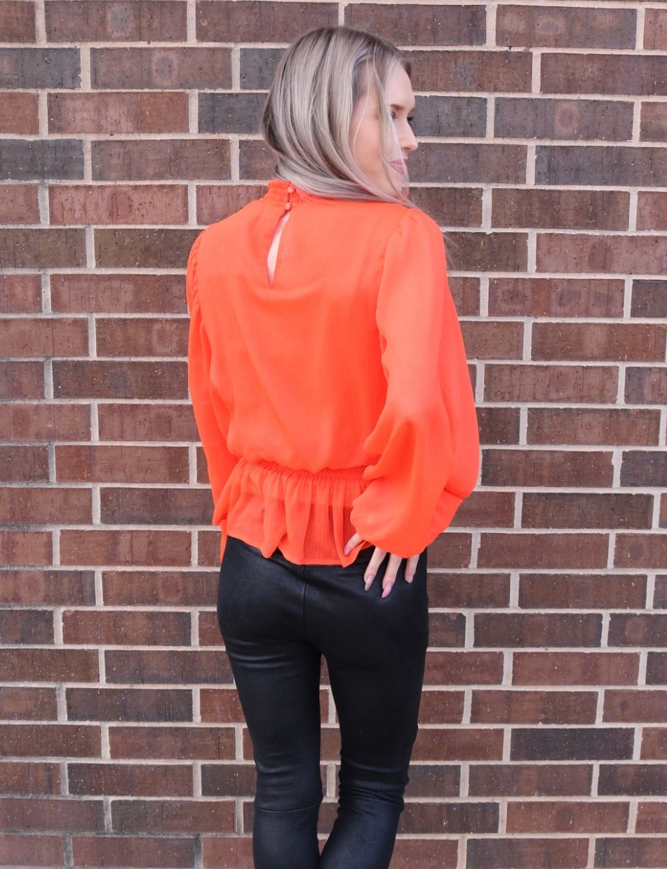 Flying tomato DEDICATED SmockedNeck/Waist PuffSleeve Chiffon Top