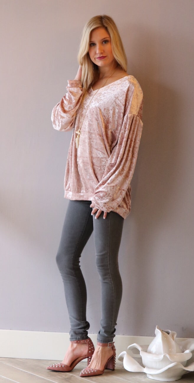 OVERVIEW Crush Velvet V-Neck DropShoulder LongSleeve Pullover Top