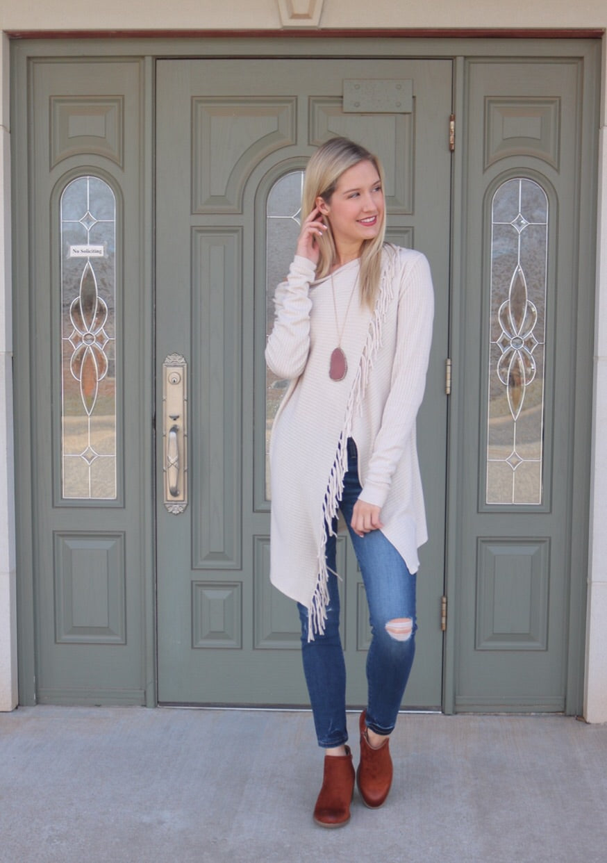 VOYAGE Fringe Pointelle Crossover Cardigan Sweater Top