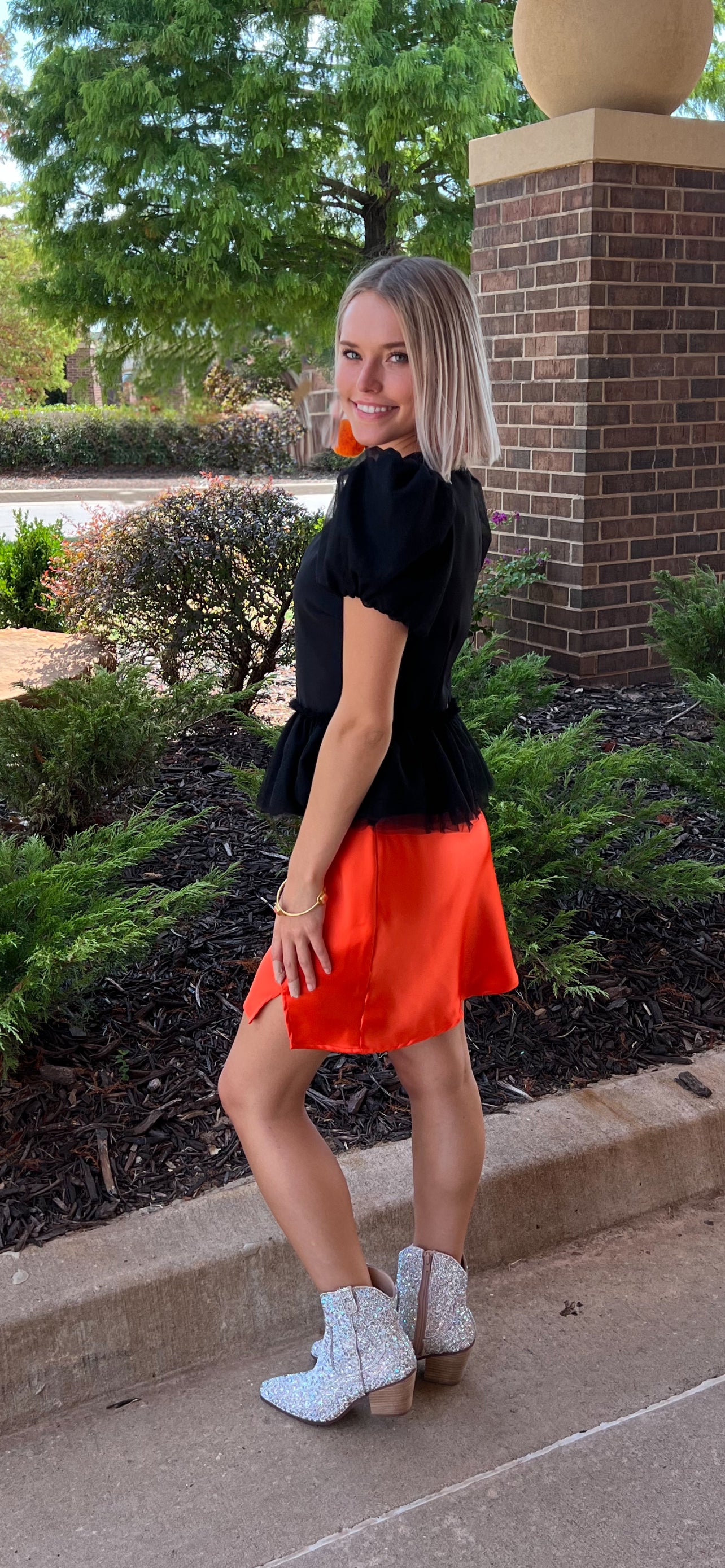 SMIRK Tulle Puff~Sleeve Ruffle Top