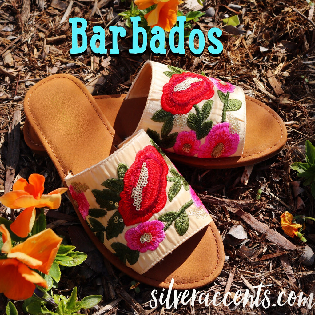 BARBADOS Floral Embroider Slide Sandal Shoes