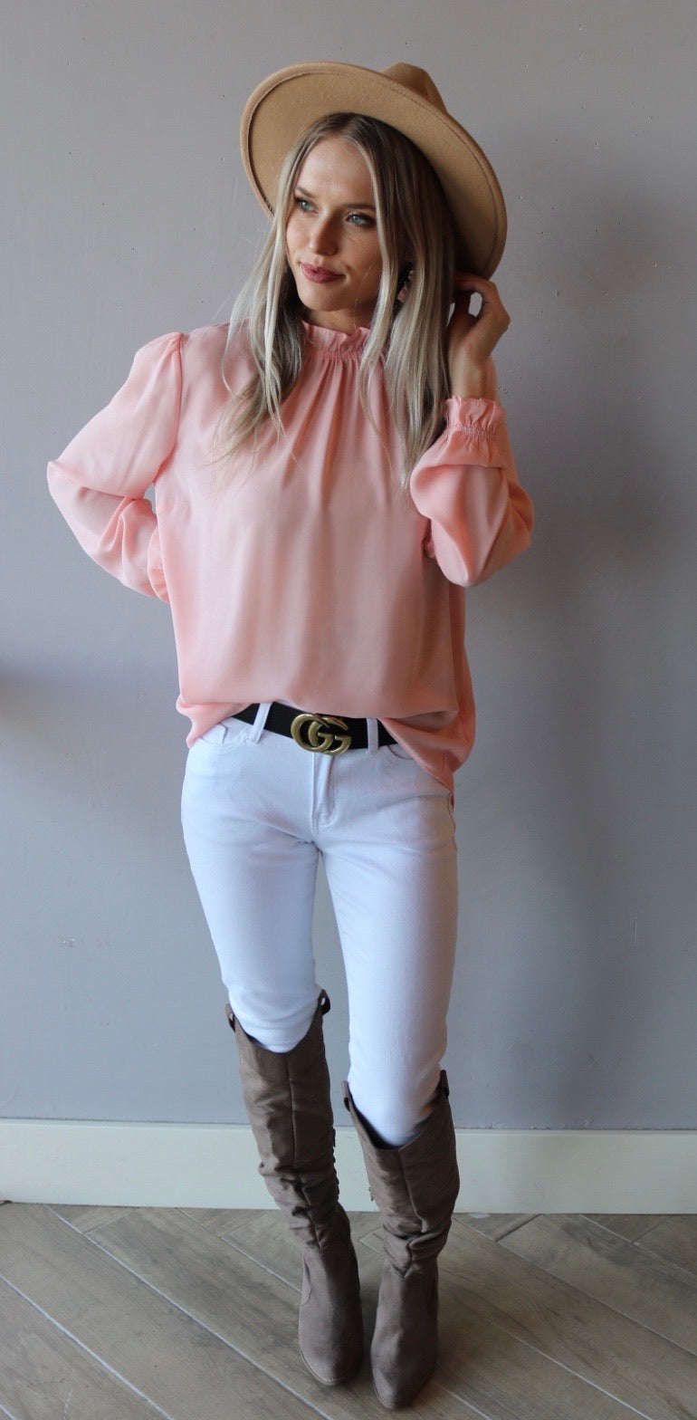 Main Strip PERSPECTIVE Ruffle HiNeck/Sleeve Chiffon Top