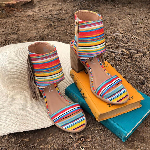 VERY VOLATILE Serape Stripe SUNDAZE Fringe Stacked Heel Sandal