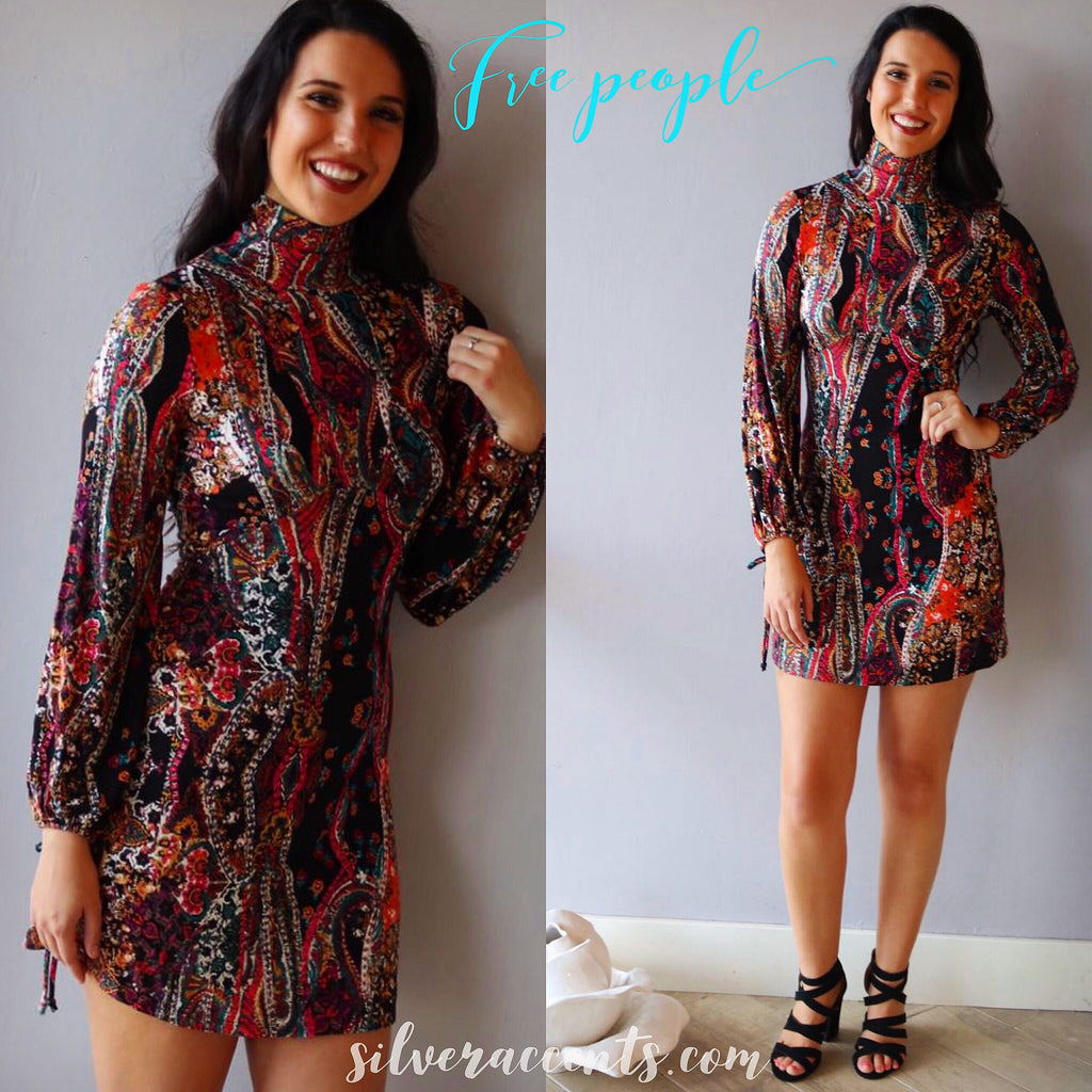 FREE PEOPLE Turtleneck ALL DOLLED UP Print Jersey Dress