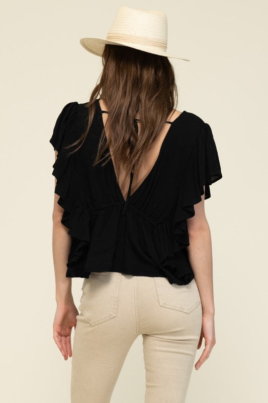 VNeck ROAST Ruffle Hem Tieback Top