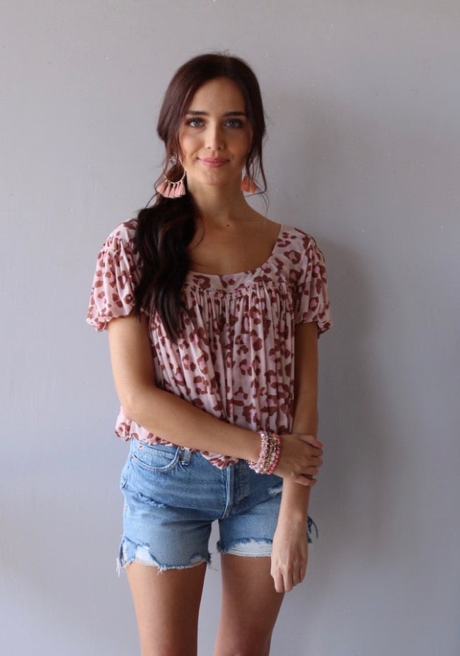 FREE PEOPLE Mesh MEG’S BLOUSE Animal Print BubbleHem Top