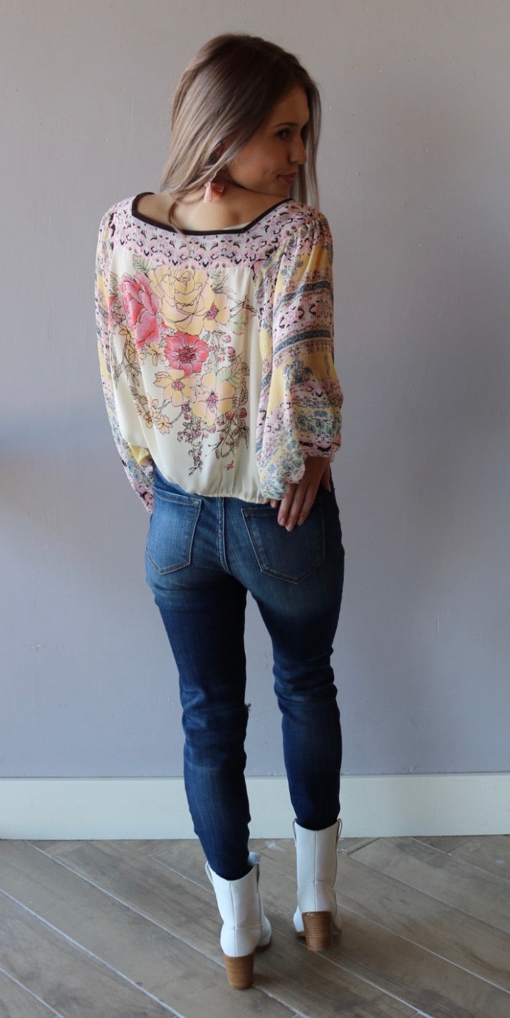 FREE PEOPLE Ivory Multi BLUE NILE Floral Print Drawstring Bottom Silk Top