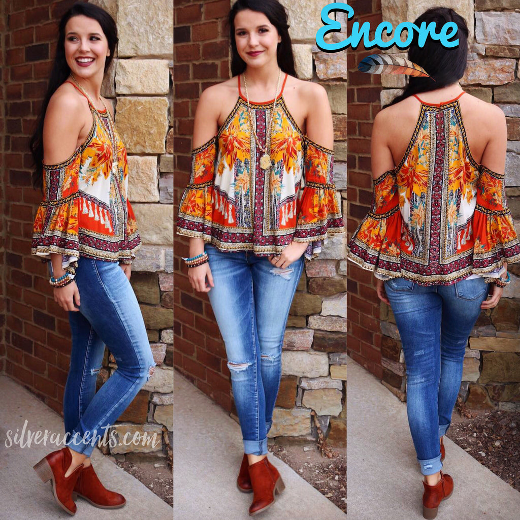ENCORE PiecePrint ColdShoulder 3/4 FlareSleeve Top