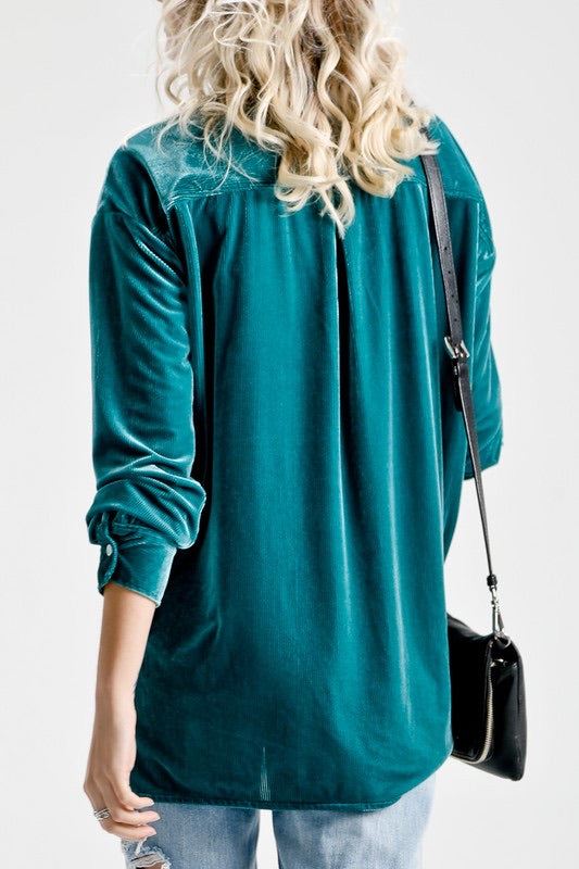 ROXY Rib Velvet ButtonDown Collared Top