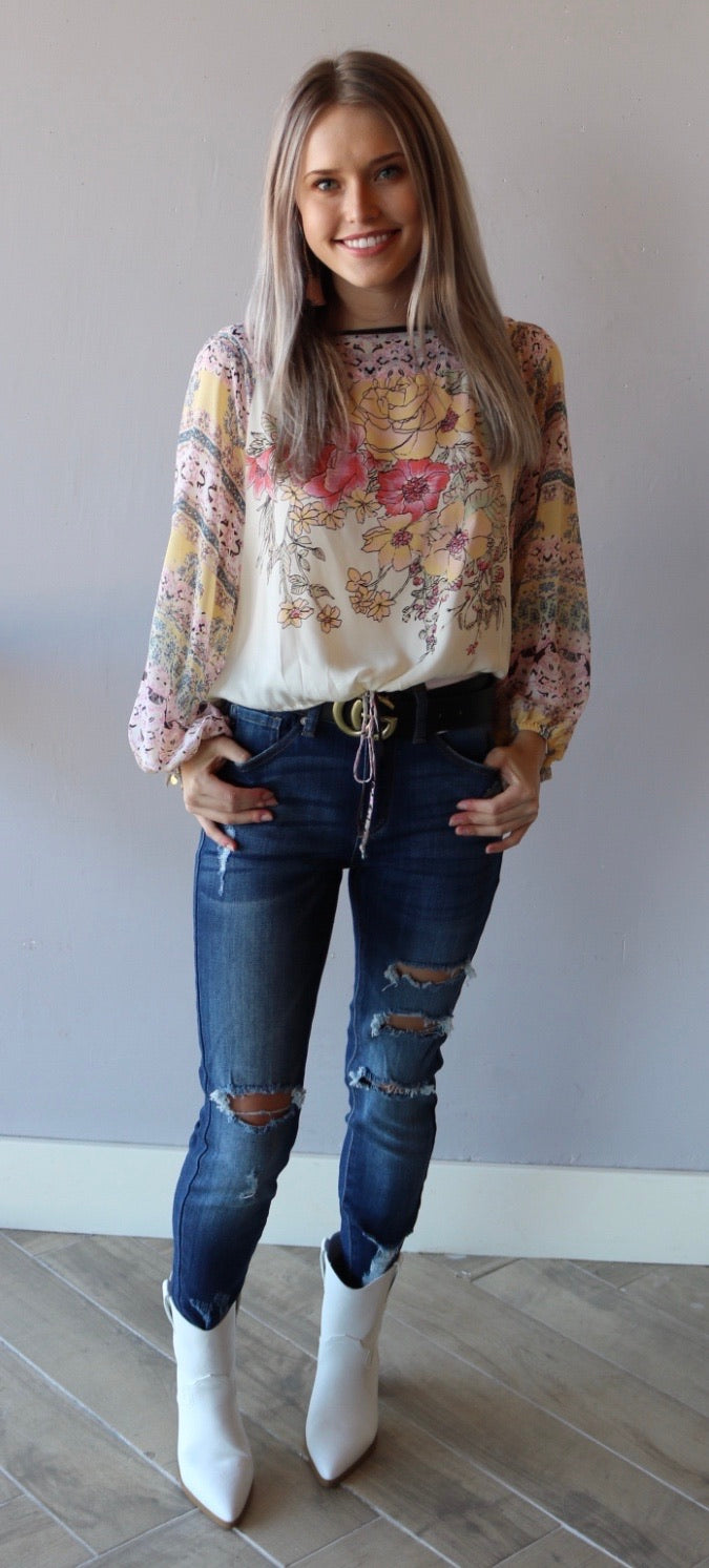 FREE PEOPLE Ivory Multi BLUE NILE Floral Print Drawstring Bottom Silk Top