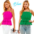 BLOOM Pleated Ruffle Bust SpaghettiStrap Poplin Top