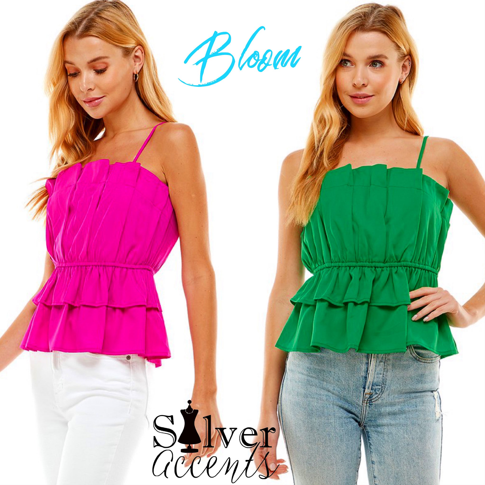 BLOOM Pleated Ruffle Bust SpaghettiStrap Poplin Top