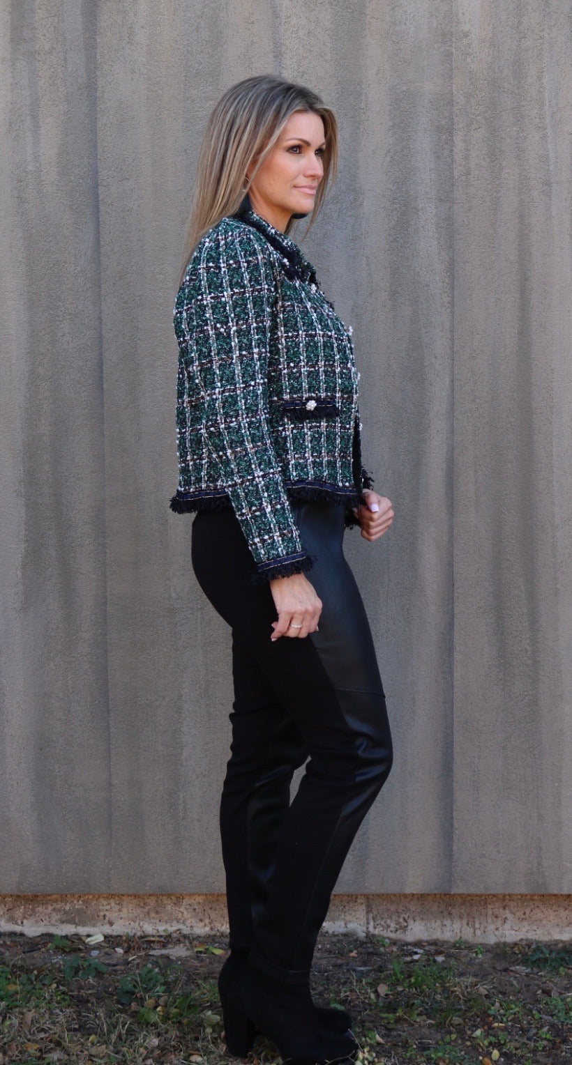 LILY Embellished Tweed Plaid Fringe Jacket