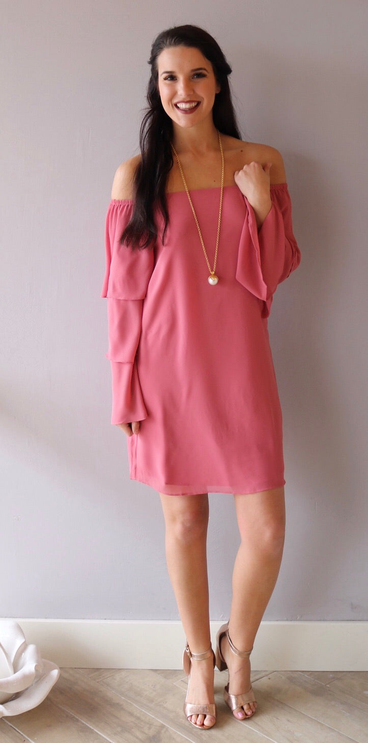 HEAVENLY OffShoulder TierSleeve Chiffon Sheath Dress