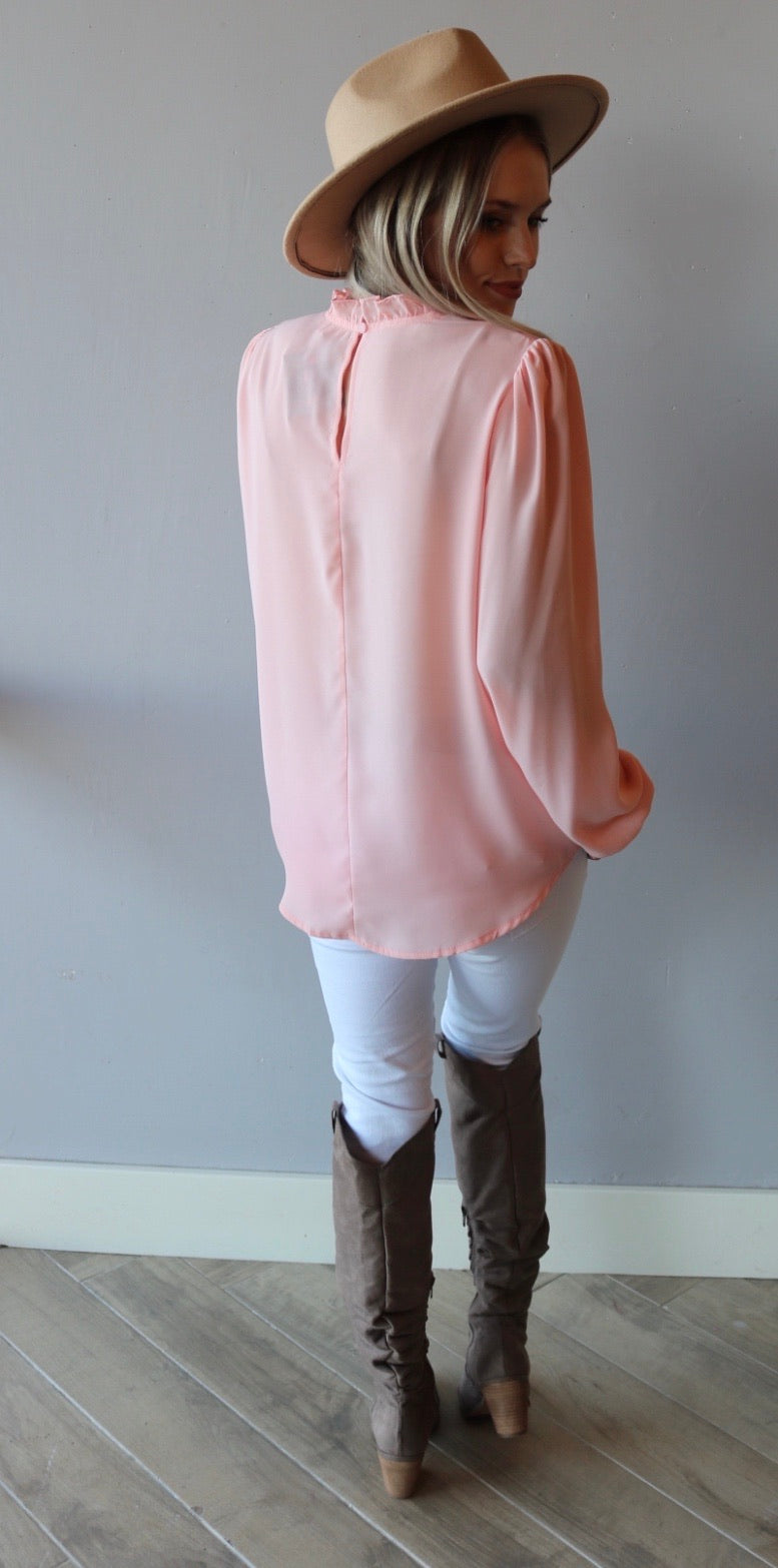 Main Strip PERSPECTIVE Ruffle HiNeck/Sleeve Chiffon Top