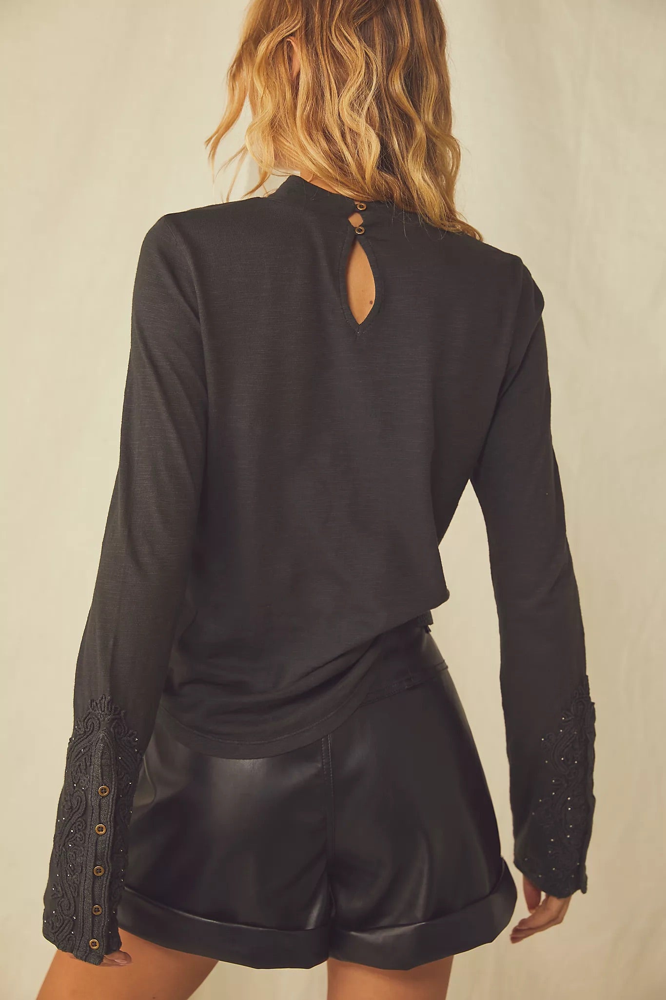 FREE PEOPLE Embroidered HOOKED ON YOU CUFF MockNeck Top