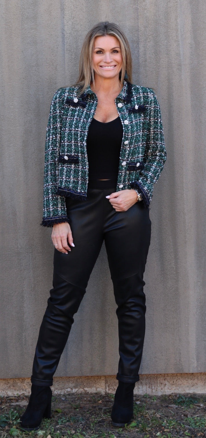 LILY Embellished Tweed Plaid Fringe Jacket